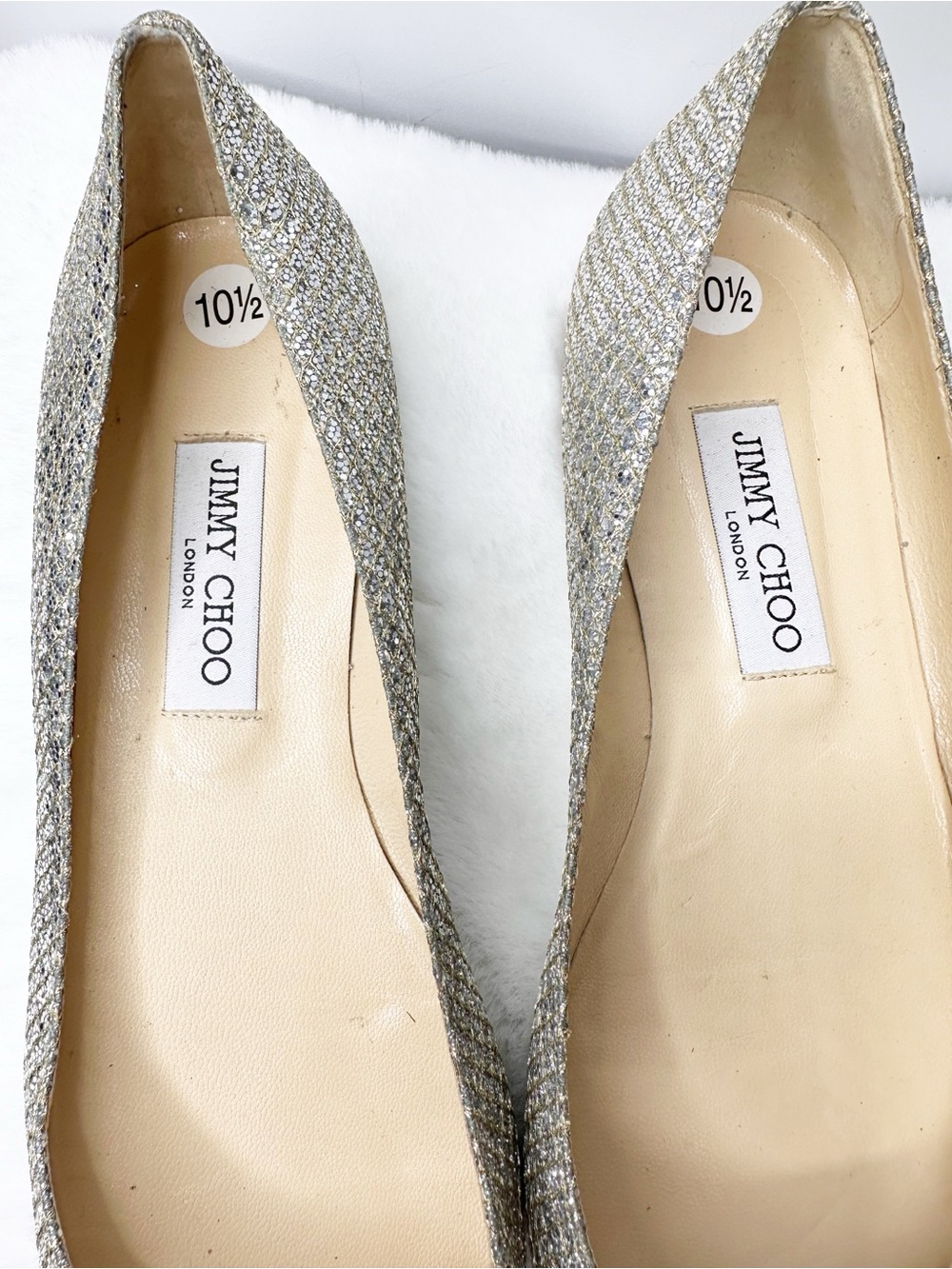 Jimmy Choo Silver Glitter Pointed-Toe Romy Flats Size 10.5 - Picture 3 of 7